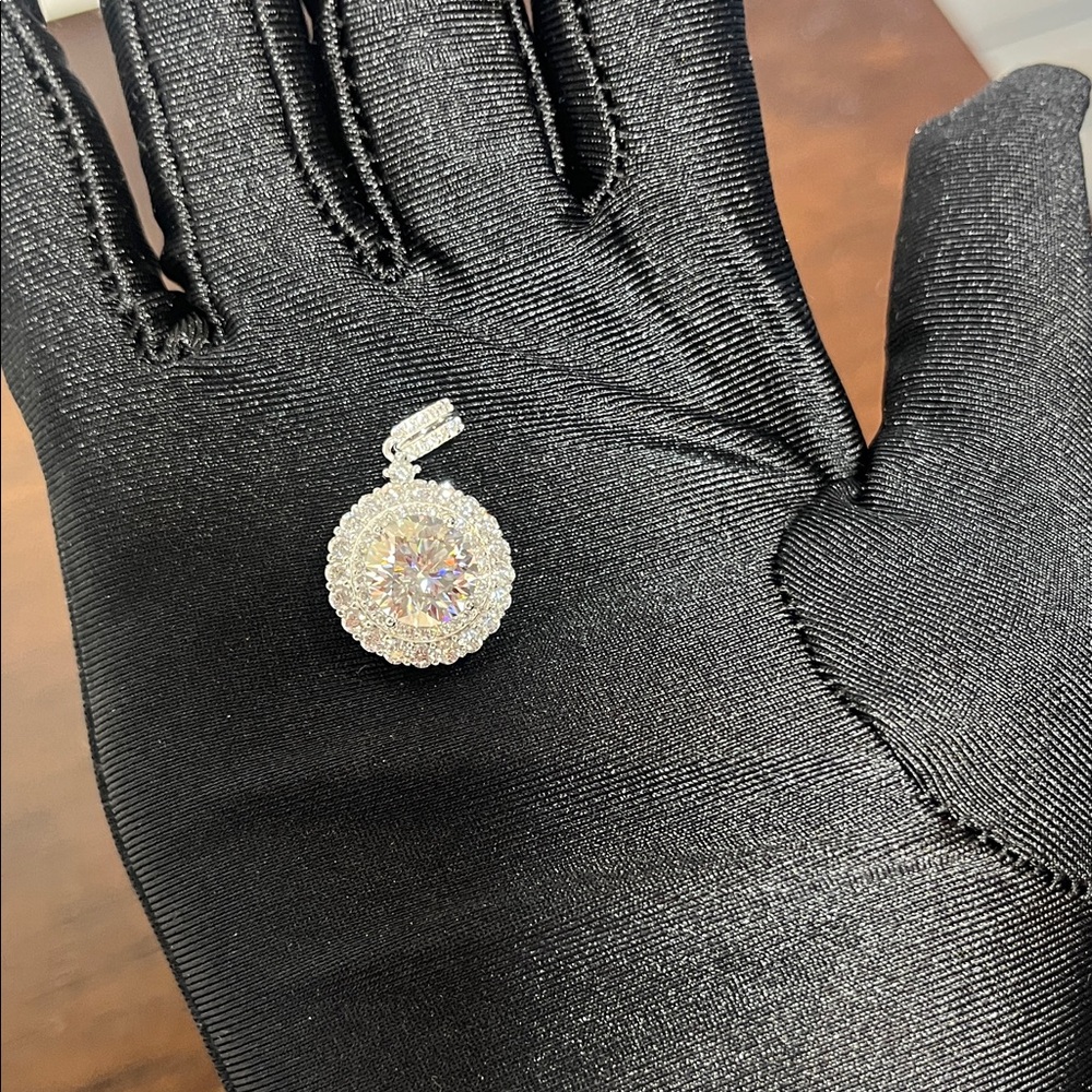 Round Halo Moissanite Pendant Necklace Charm in Silver Tone